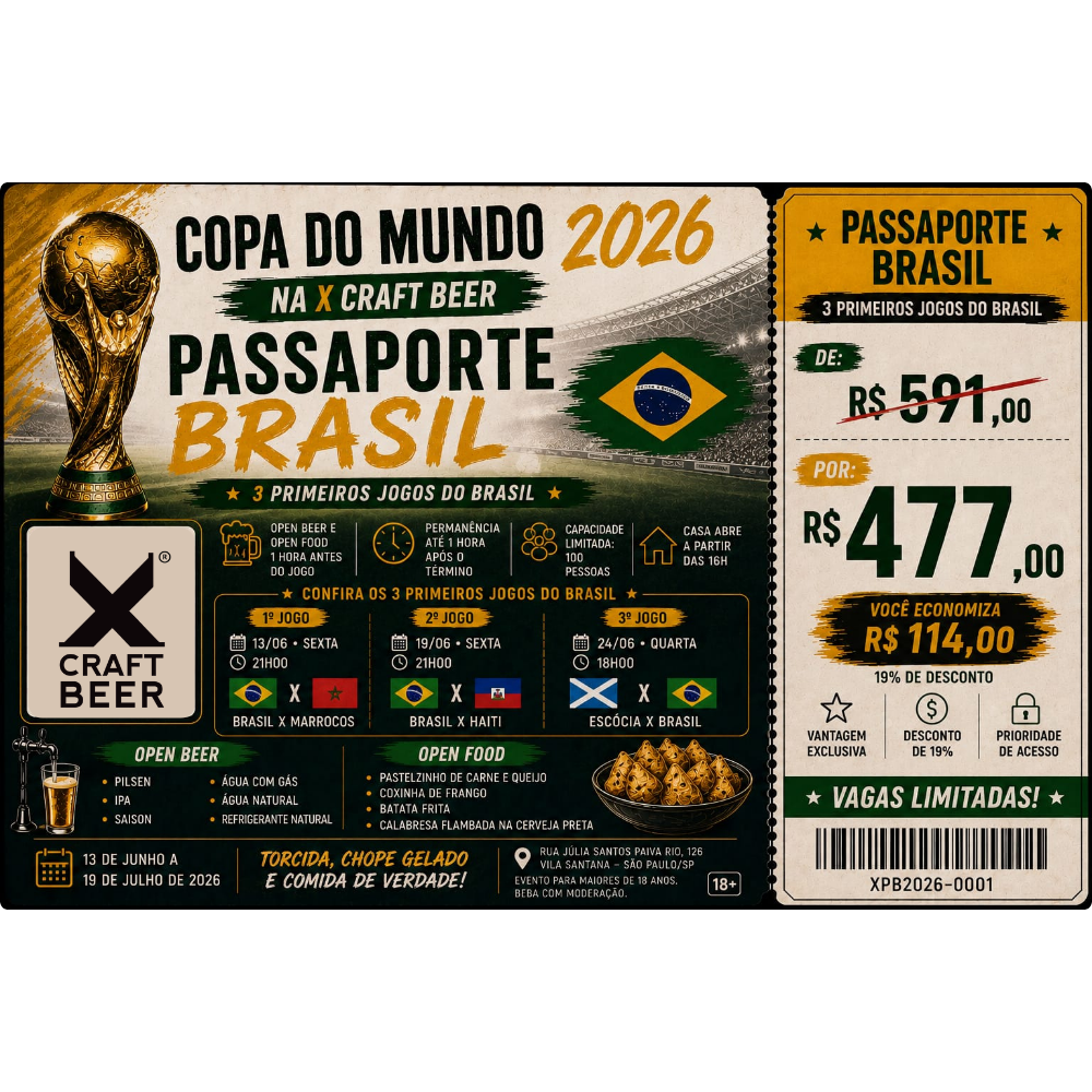 Passaporte Brasil Copa 2026 – Combo 3 Jogos (Open Beer & Food)