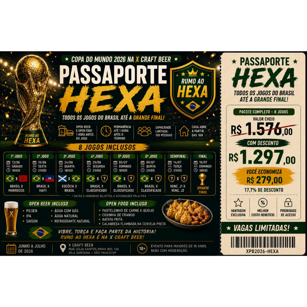 Passaporte Hexa Copa 2026 – Pacote Completo 8 Jogos (Open Beer & Food)